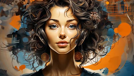 woman with curly hair surrounded by vibrant abstract patterns and colors