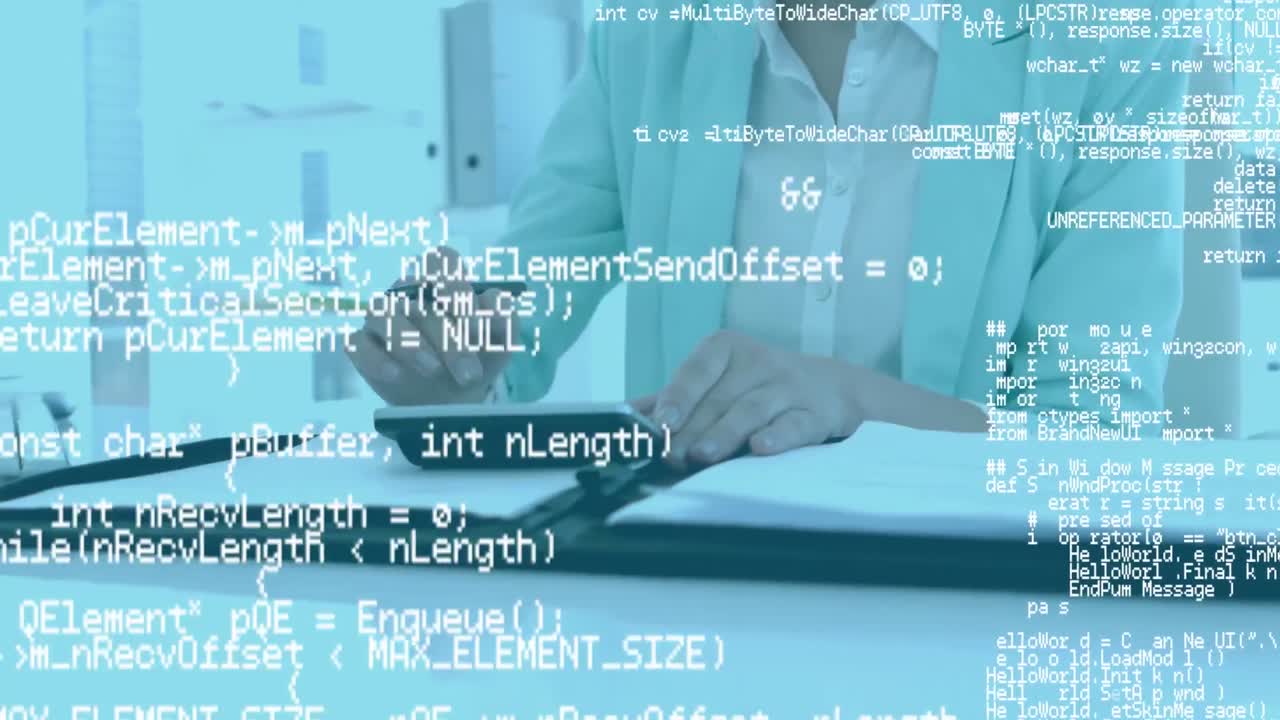 Data processing over woman using calculator, writing on piece of paper