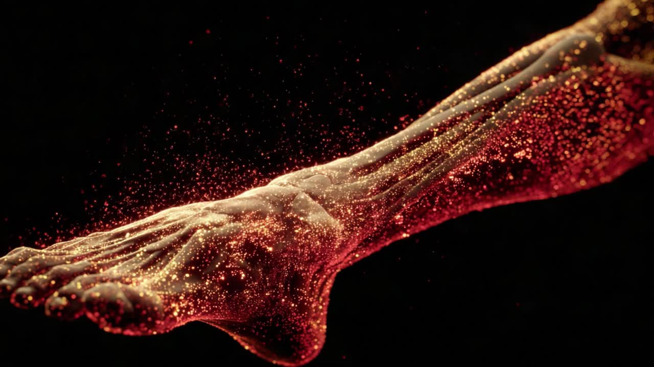 Captivating Close-Up of a Sparkling Foot with Dynamic Motion and Luminous Particles, Showcasing the Beauty of Human Anatomy and Motion in Stunning Detail