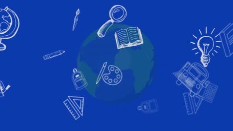 animación de iconos escolares flotando sobre un globo azul y un fondo azul