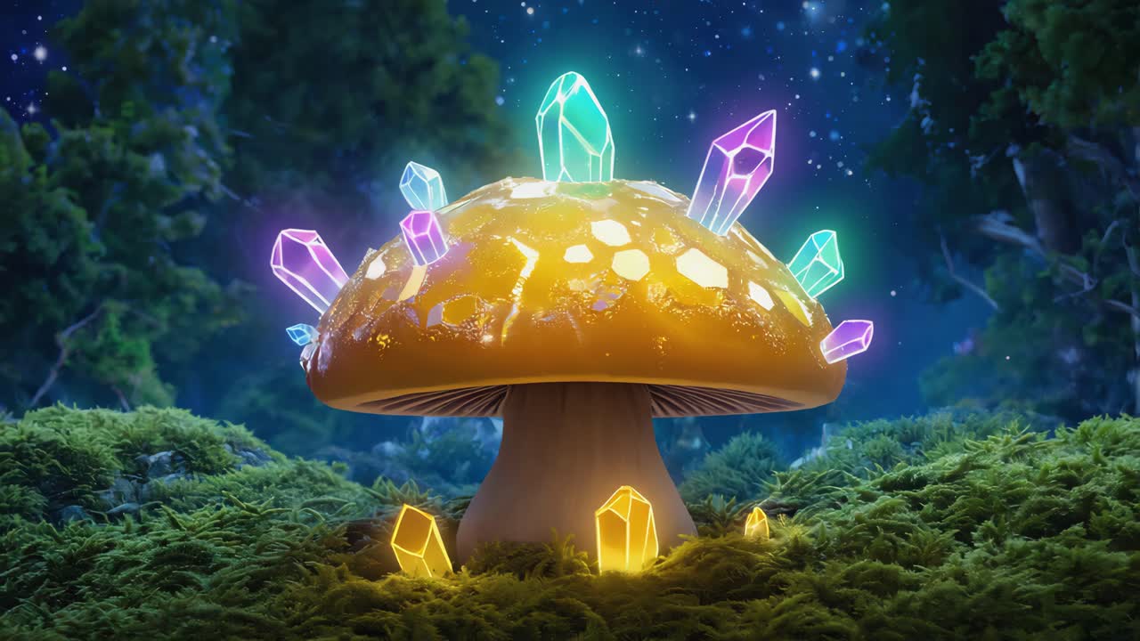 Glowing Mushroom with Crystals in Enchanted Forest