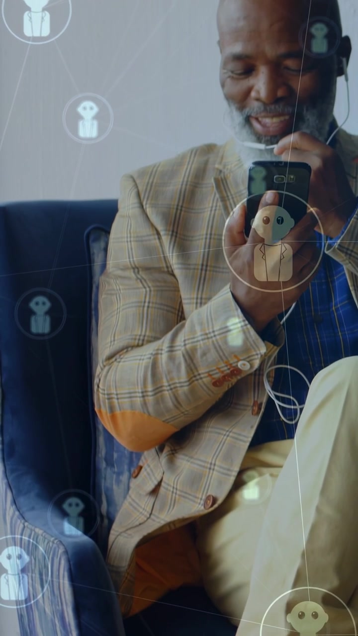 Vertical video: Man tuning mic and speaking for business call, avatar overlay moving over phone