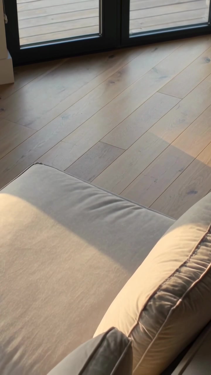 Vertikales Video: Sonnenlicht dringt durch Glastüren, wandert über Sofakissen und Boden, während die Sonne sich bewegt.