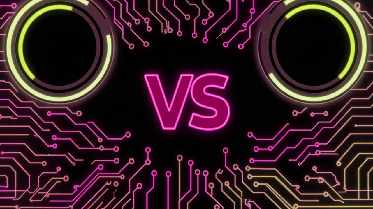 Schermo Versus al neon con sfondo a circuito stampato