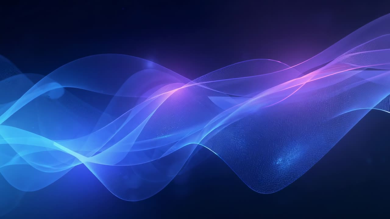 Playback starting, glowing ribbons flowing and waving on navy background, showing pink highlights