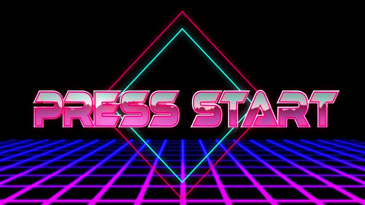 Animazione del testo 'premi start' in lettere metalliche rosa su luci al neon