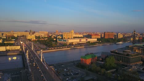 russia sunset light moscow river famous krymsky bridge traffic aerial panorama 4k