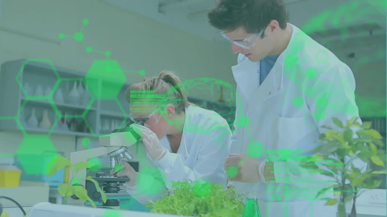 연구실에서 일하는 백인 과학자들에 대한 과학 데이터 처리의 애니메이션