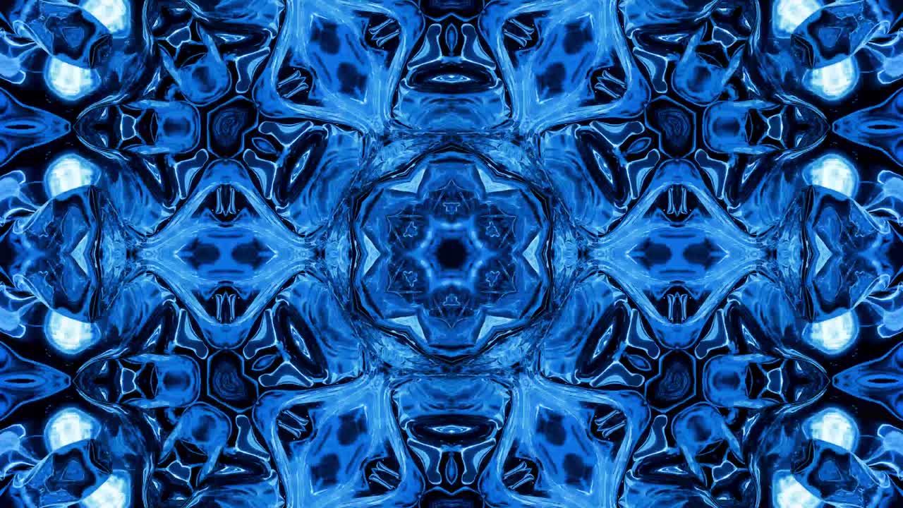 fondo simétrico abstracto con simetría estelar. mandala con olas. fondo líquido azul abstracto en bucle con patrón brillante ondulado, superficie brillante y brillante. efecto caleidoscopio