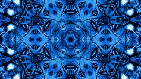 fondo simétrico abstracto con simetría estelar. mandala con olas. fondo líquido azul abstracto en bucle con patrón brillante ondulado, superficie brillante y brillante. efecto caleidoscopio