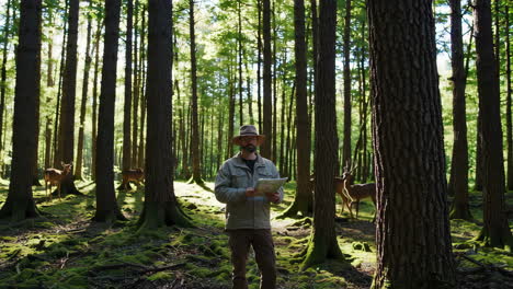 man reading a map in a lush forest with deer