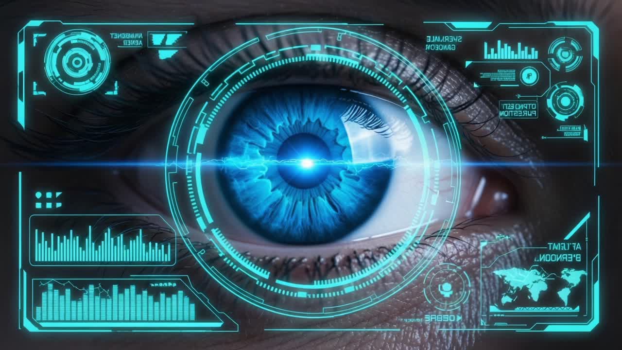 Futuristic Eye Interface: A Close-Up View of a High-Tech Eye with Digital Overlays Conveying Advanced Technology and Data Visualization Concepts