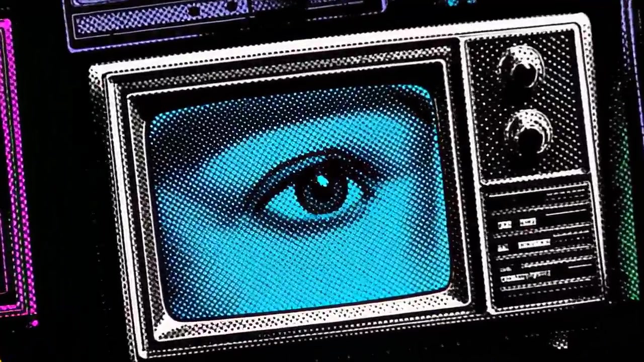 Close-up footage of a retro TV set displaying a stylized human eye on the screen, evoking surveillance, privacy and media control themes with neon pop art colors