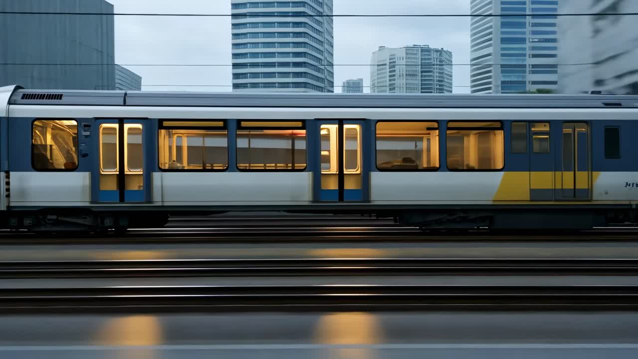 Side view of a modern train speeding through a cityscape, captured in a dynamic, motion-blur style