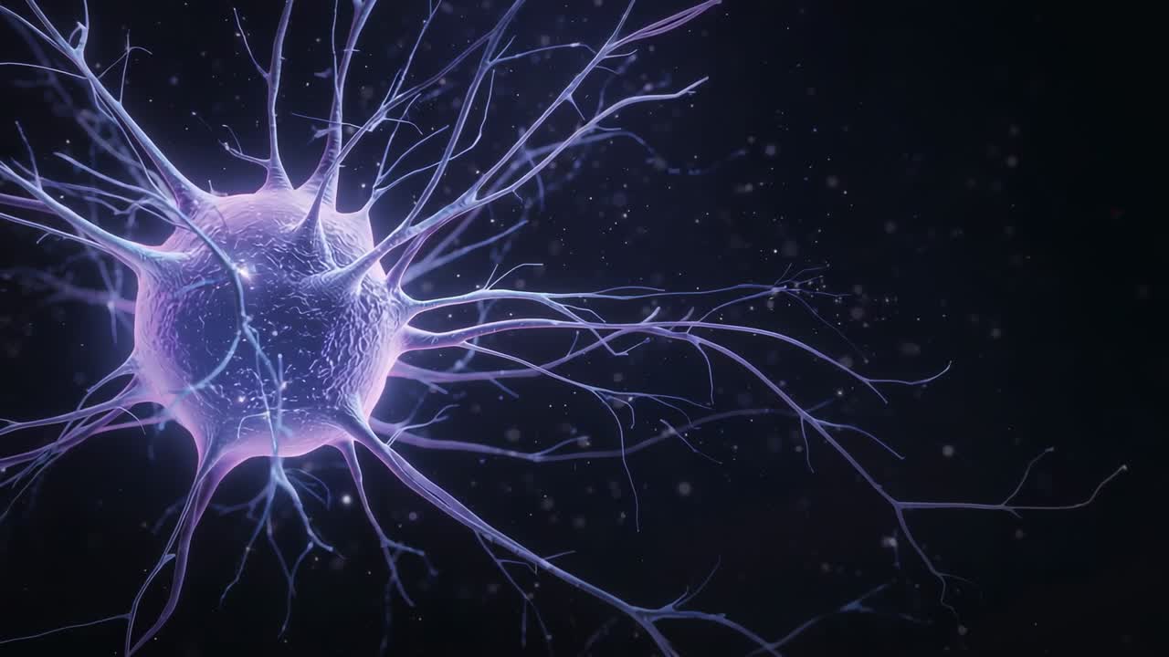 Zoom shot causing purple neuron pulsing, growing filaments and revealing particles in neural matrix