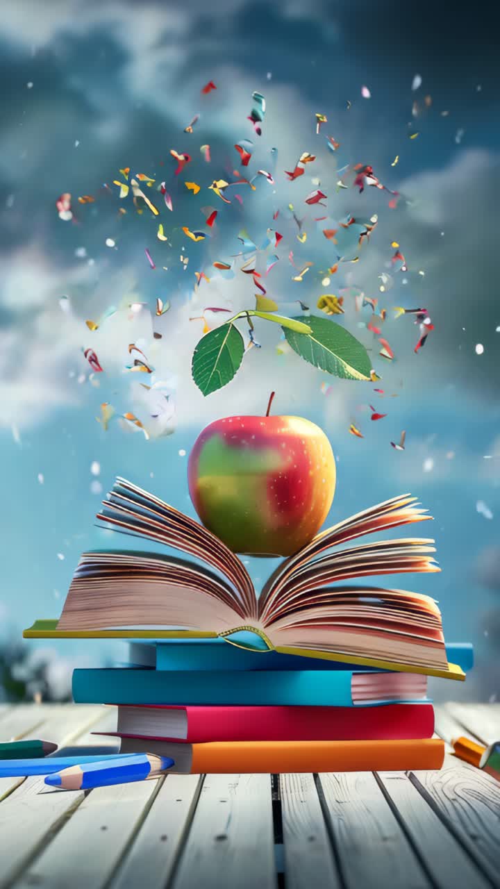 Stack of books, crayons and apple on desk, confetti flying, back to school concept