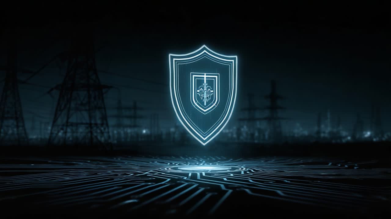 A High-Tech Shield Emblem Representing Digital Security and Protection Against Cyber Threats with a Futuristic Circuitry Background