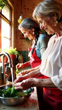 seniors sharing love and laughter while making salad.