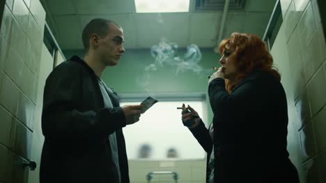 a suspenseful encounter in a mysterious restroom: tension builds as two characters exchange secrets amidst a haze of smoke and thrilling atmosphere