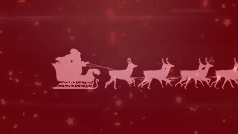 animation of santa claus in sleigh with reindeer and stars falling over background with red filter