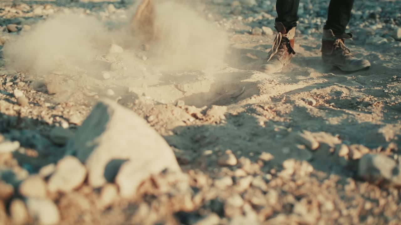 Man digs hole and shovels sandy soil in dry Judean desert, low angle slomo