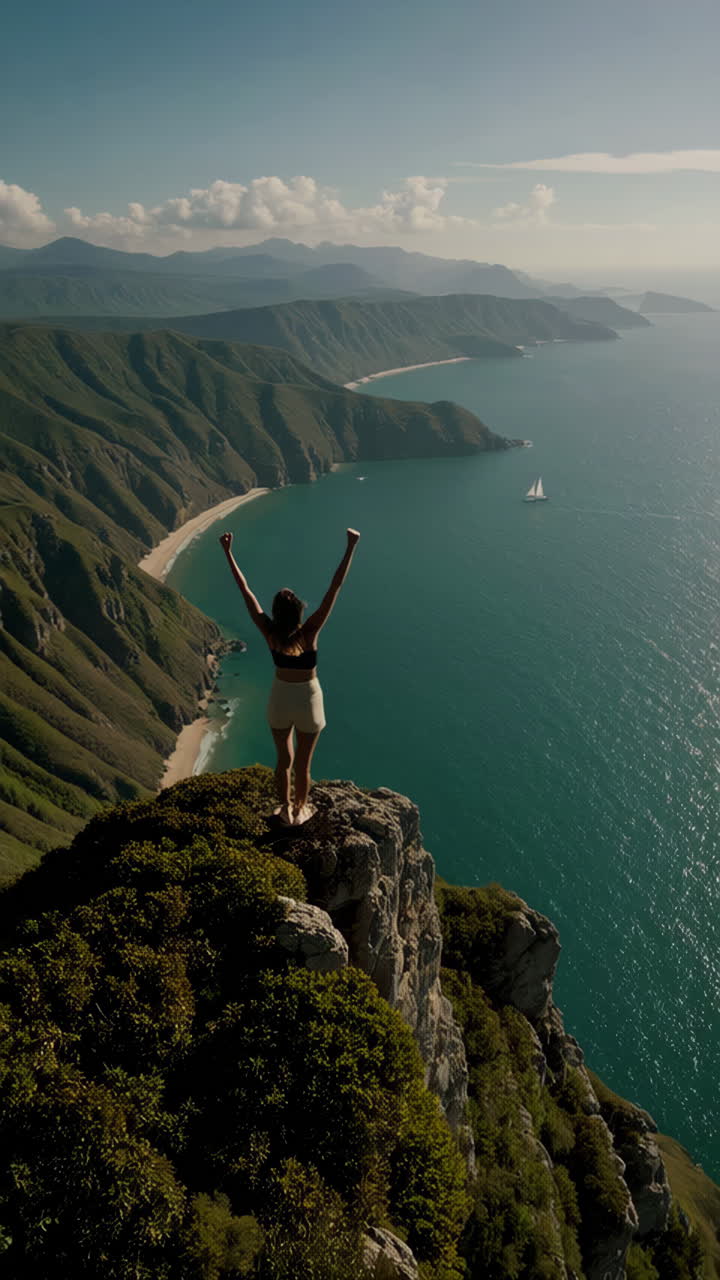 Woman celebrating triumphantly on a scenic coastal cliff overlooking a bay with a sailboat