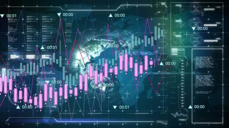 Animation of financial data processing over spinning globe and interface with data processing