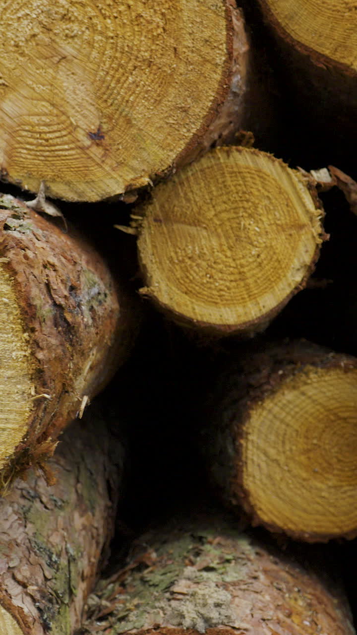 Detailed vertical shot of freshly cut pine logs showing annual rings and bark texture. Ideal for forestry, timber industry, and environmental content