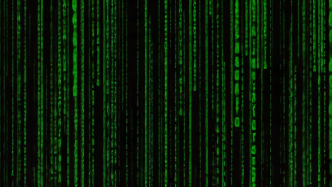 A Digital Matrix of Binary Code: Exploring the Intricate Patterns of Green Digits Flowing Down a Dark Background, Symbolizing Data Processing and Cyber Mystique
