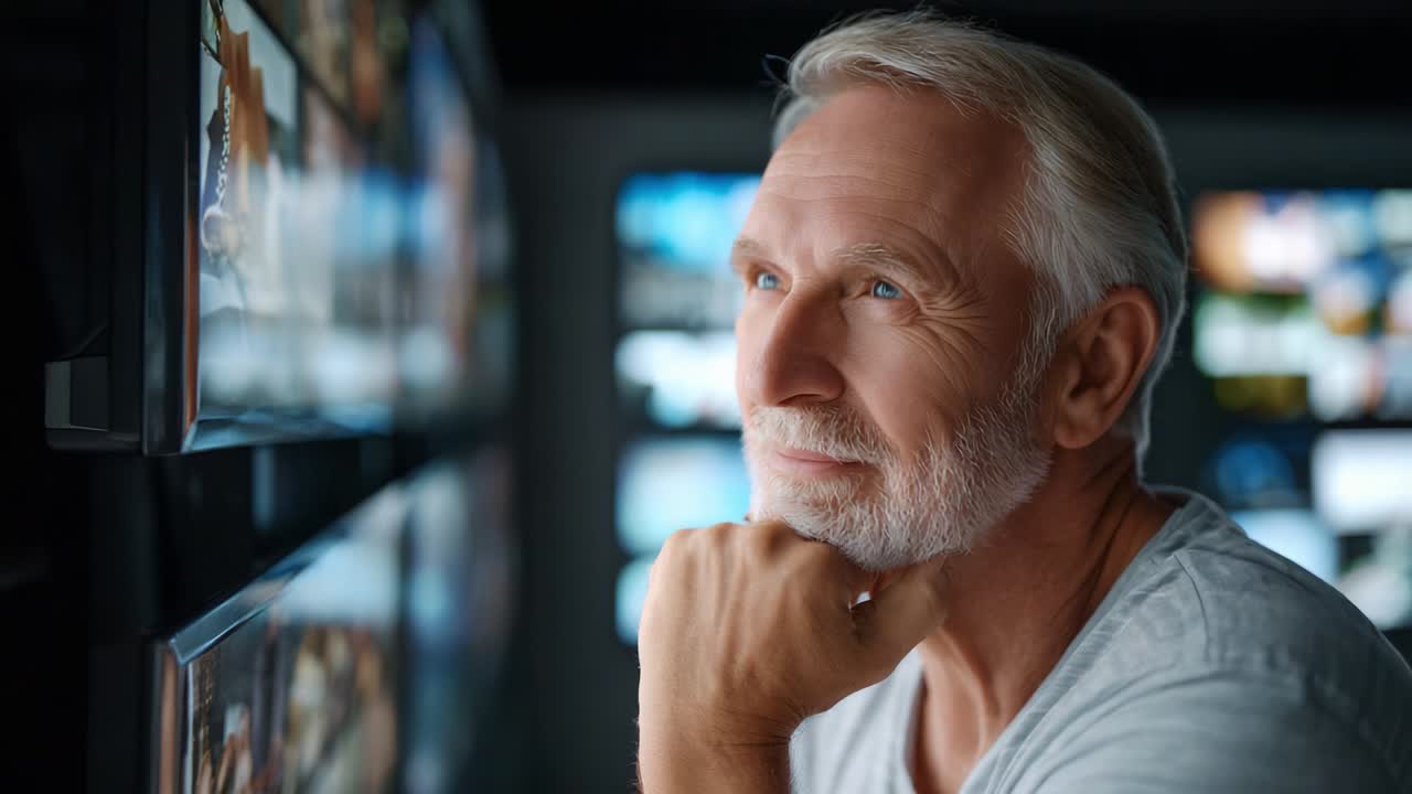 A contemplative older man reflects deeply while gazing at a screen, his thoughtful expression illuminated by the soft glow of images around him, embodying moments of peace and introspection in the comfort of digital media