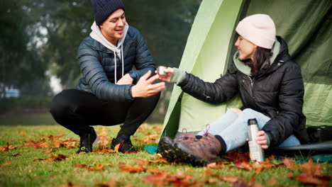coffee, camping and a couple at a tent outdoor