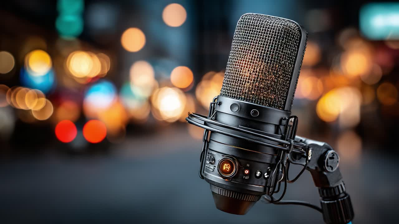 A Close-Up View of a Professional Microphone with Blurred Background Lights, Perfect for Capturing High-Quality Audio in Various Settings