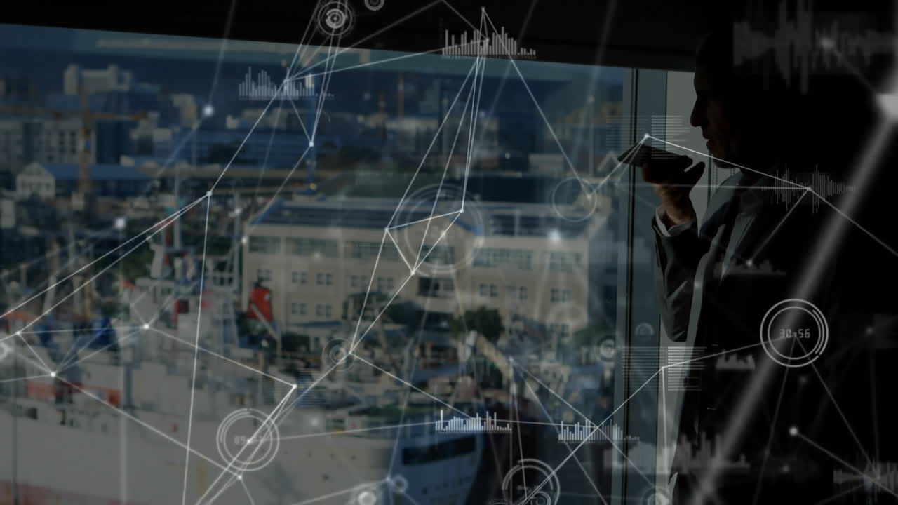 Using smartphone by window, businessperson with network connections and data processing animation