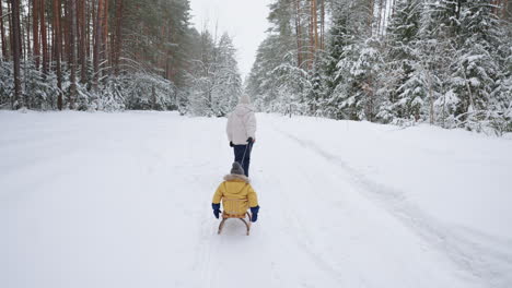 A-young-mother-and-son-have-fun-in-the-winter-in-the-forest-sledding-in-slow-motion.-happy-mom-on-a-walk-with-her-son-in-a-snowy-forest