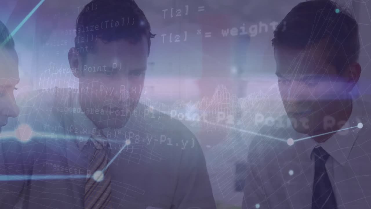 카우카스 사업가들이 이야기하는 데이터 처리와 연결 네트워크의 애니메이션