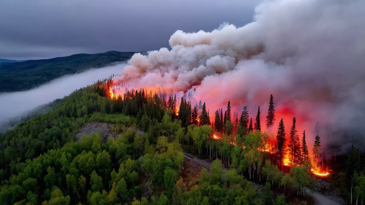 Dramatic Scene of a Forest Fire as Flames Rage and Smoke Billows Over a Mountainous Landscape, Showcasing Nature's Power and Destruction