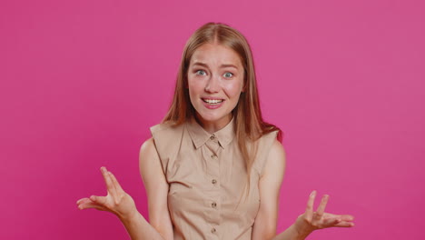 woman raising hands in indignant expression ask why what reason of failure demonstrating disbelief