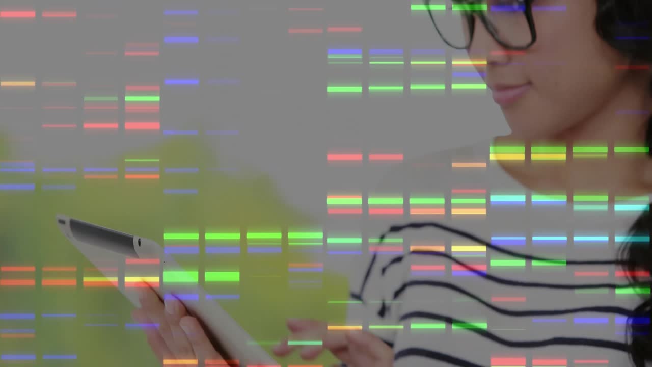Woman testing technology on tablet with green-gray backdrop tapping screen, glitch fading, smiling