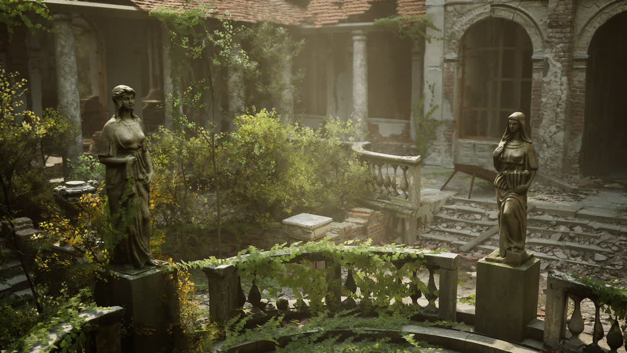 Ruins of a hidden courtyard overgrown with greenery in a tranquil setting