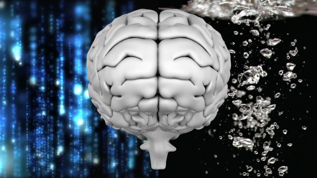 cerebro gris con tecnología y fondo de agua