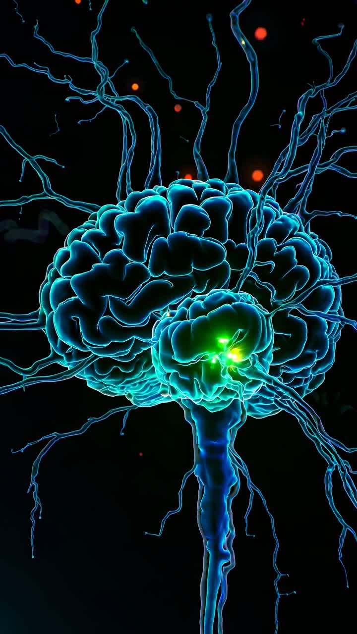 Futuristic video concept of a glowing neural network. Close-up angle highlights electric blue brain
