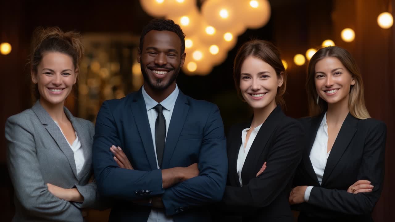 A confident and engaging professional group portrait featuring four diverse individuals in formal attire, smiling and posing with crossed arms, set against a backdrop of warm ambient lighting