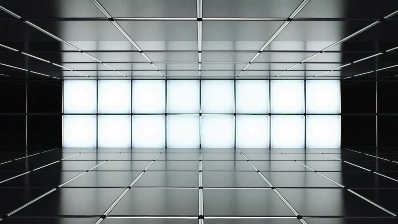 Zooming out camera revealing centered panel grid in gallery, exposing grid and glossy reflections
