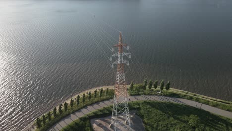 aerial shot flying over han river on sunny day in seoul city, south korea