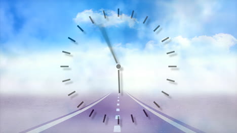 animation of clock and road on sky with clouds