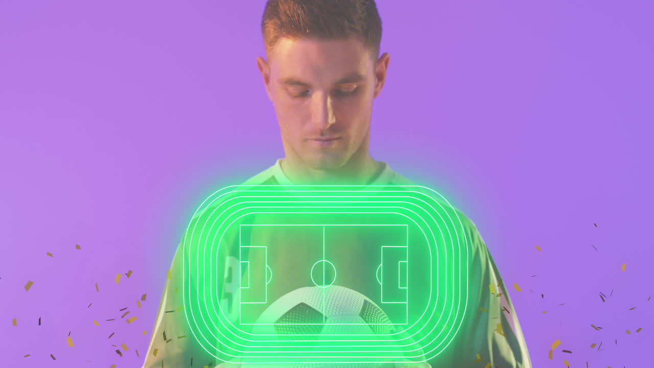 카우카스 축구 선수와 스포츠 경기장 위에 떨어지는 콘페티의 애니메이션