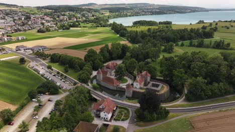 aerial view of hallwyl castle surrounded by fields and near hallwilersee in seengen, switzerland
