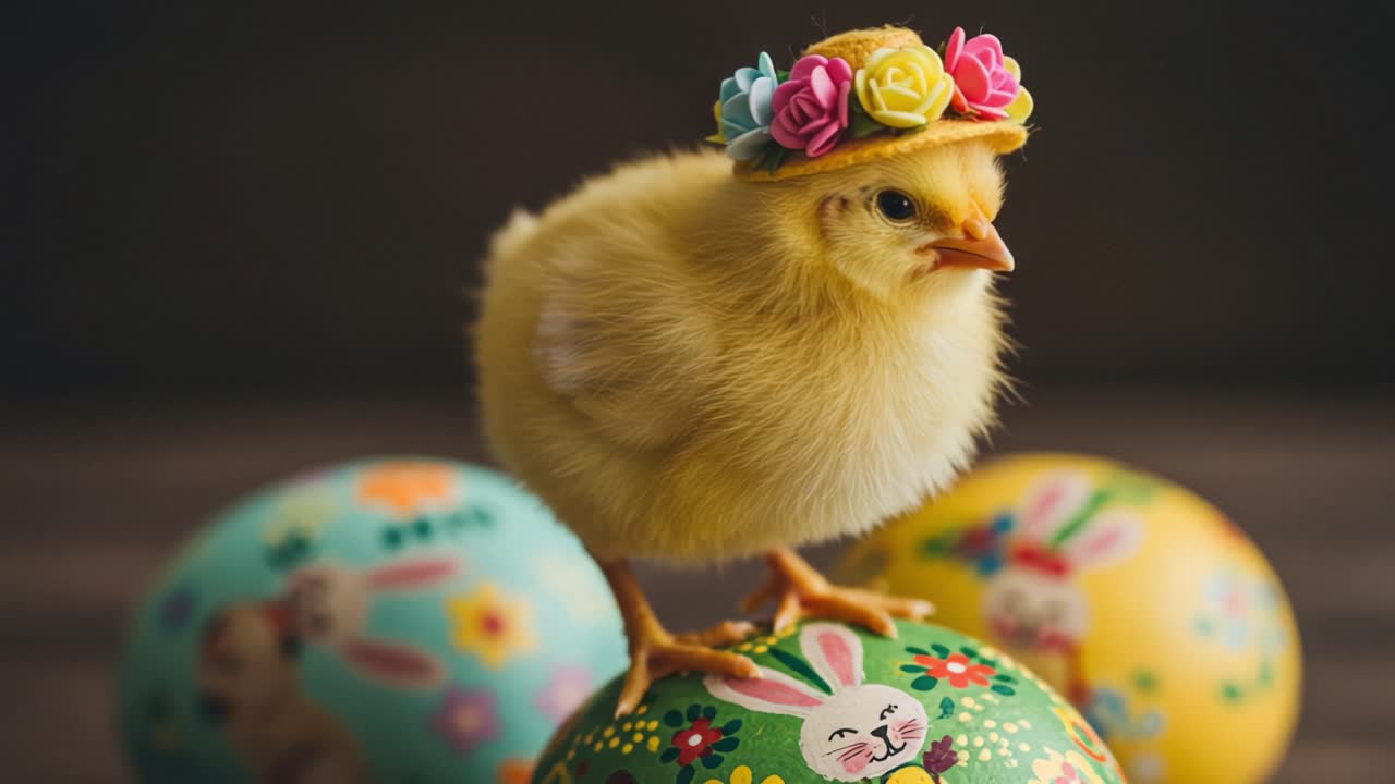 Adorable Chick in Floral Crown and Colorful Easter Eggs Captured in Playful Spring Vibe