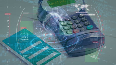 animación del procesamiento de datos financieros a través de teléfonos inteligentes y terminales de pago