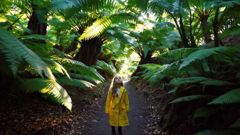 young girl in a yellow raincoat exploring a sunlit fern forest
